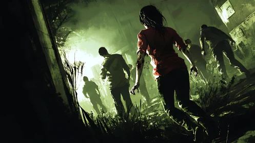 Night walk into the green-lit apocalypse alleyway.