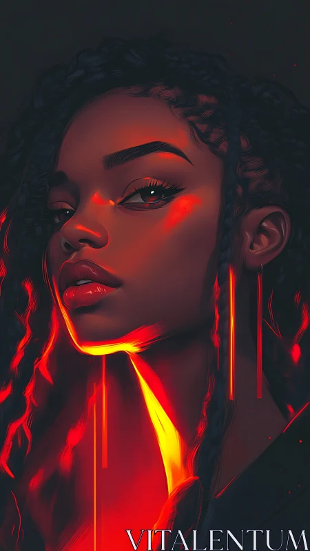 Luminous portrait of braided woman in neon crimson glow.