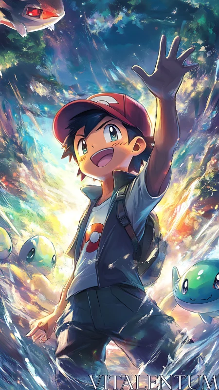 Young trainer strides through swirling waterlit adventure.