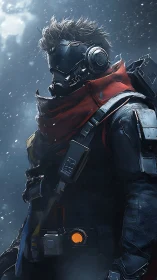 Storm-worn techno wanderer wrapped in ember-red resolve.