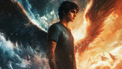 Winged boy holds the burning horizon between storm and flame