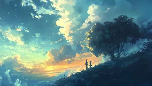 Silhouetted children under vast turquoise sunset sky.