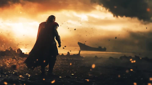 Storm-lit warrior surveys burning shore at apocalyptic dusk