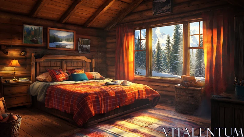 Sunlit cabin bedroom wrapped in winter mountain calm.