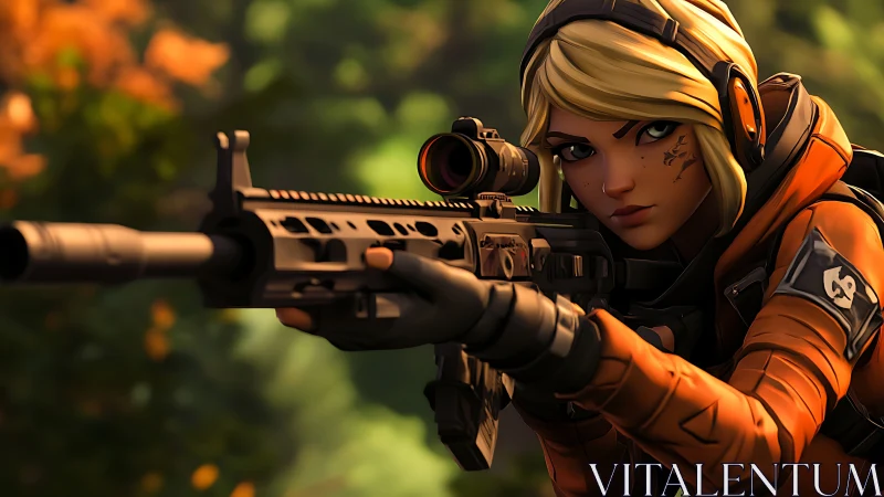 Focused blonde sniper aims down sights in vivid forest scene