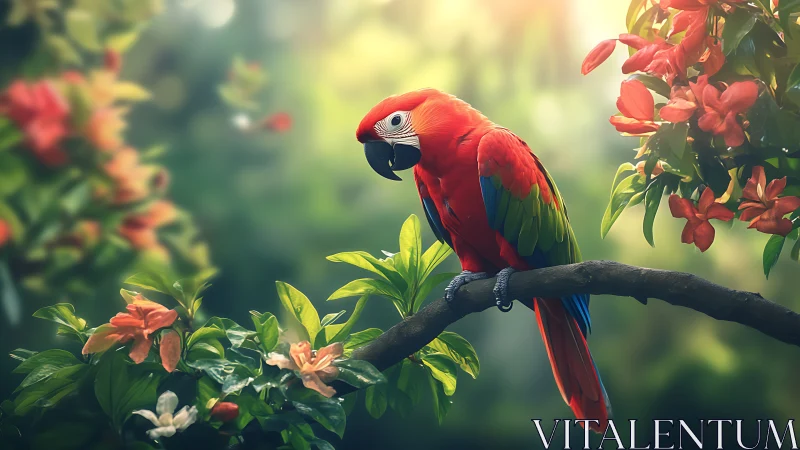 Vibrant Scarlet Macaw Perched on Branch in Lush Tropical Setting.