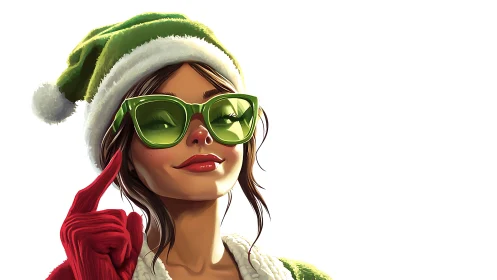 Chromatic holiday portrait with reflective green eyewear detail.