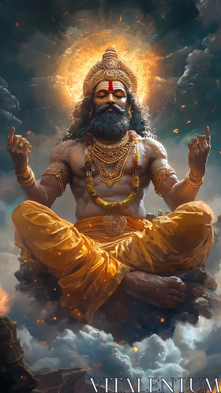 Divine ascetic levitating above storm-torn clouds in radiance.