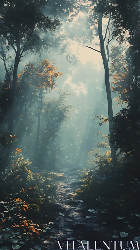 Ethereal Forest Path Glows With Golden Autumn Light