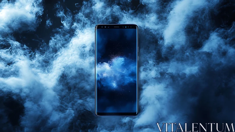 Starlit smartphone floats like a portal in swirling blue fog