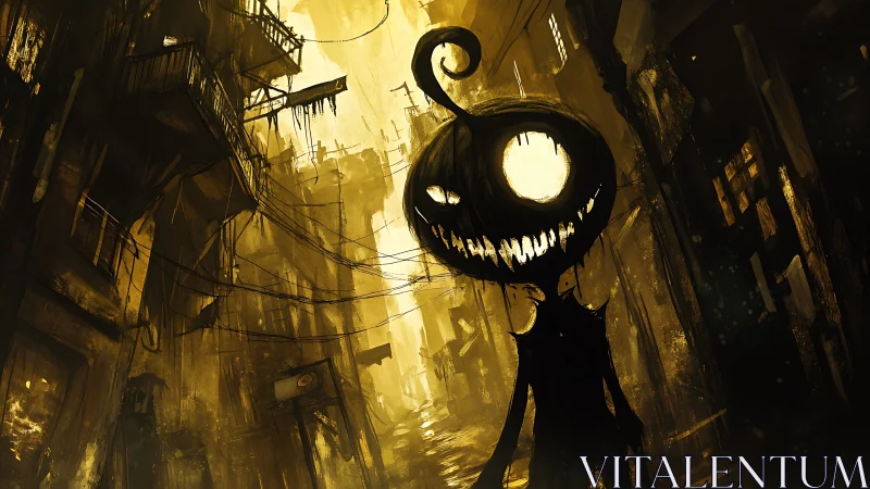 Lamp-eyed shadow fiend prowls a rusted urban chasm.