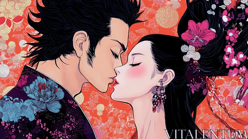 Romantic Connection Two Figures Kiss Against Floral Background.