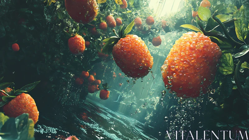 Underwater strawberries in luminous fantasy garden.