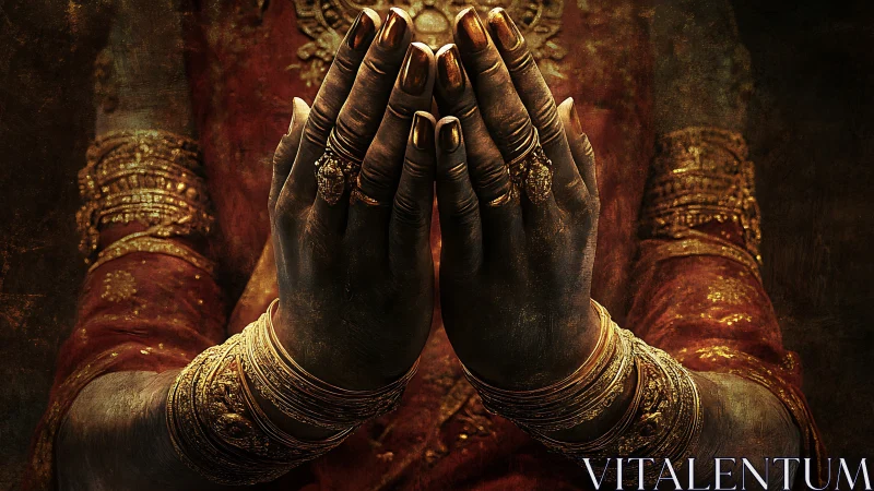 Gilded hands in prayer gesture with ornate bangles and rings