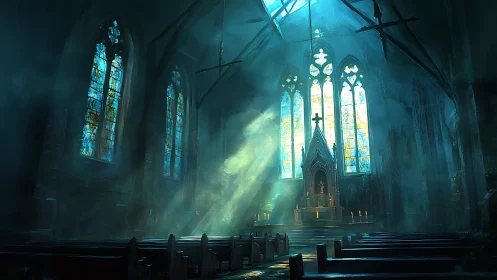 Gothic church interior with altar and stained glass windows.