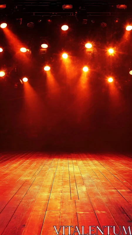 Warm stage lights glow over an empty wooden floor