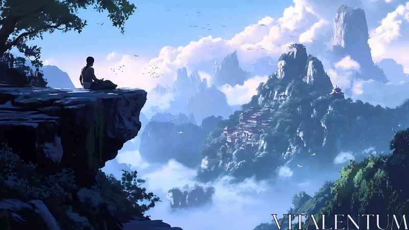 Solitary wanderer quietly observes a misty mountain sanctuary