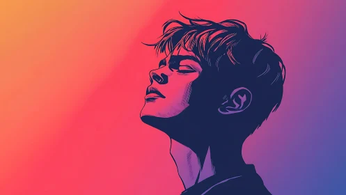 Vibrant neon portrait silhouette against gradient sky.