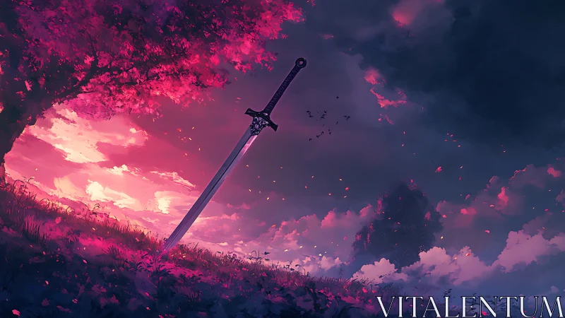 Legendary sword under crimson twilight sky in meadow scene.