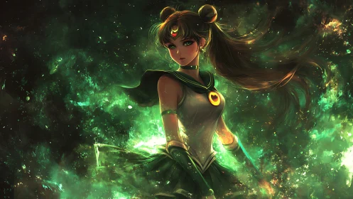 Female figure in stylized uniform amid luminous green field