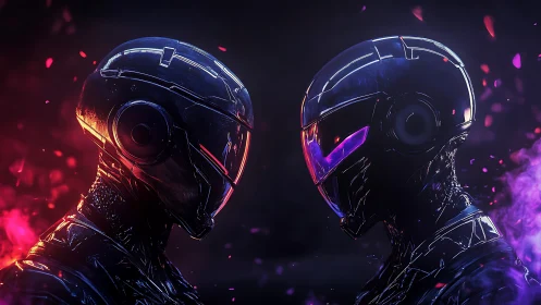 Twin cyber helmets lock in neon-lit, futuristic confrontation