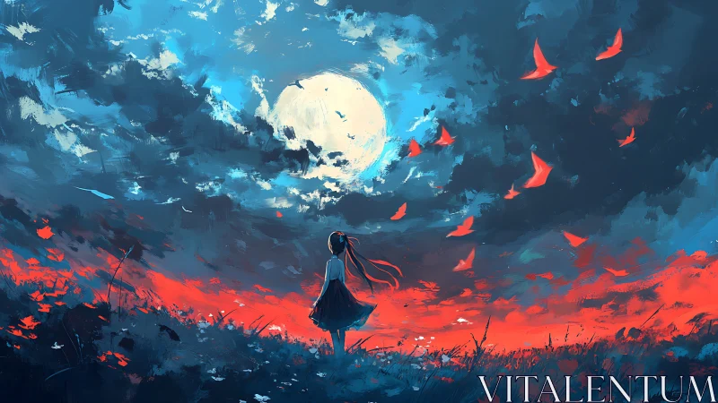 Girl under moonlit sky watches crimson butterflies rise.