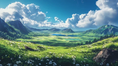 Sunlit green valley opens wide beneath bright gentle clouds