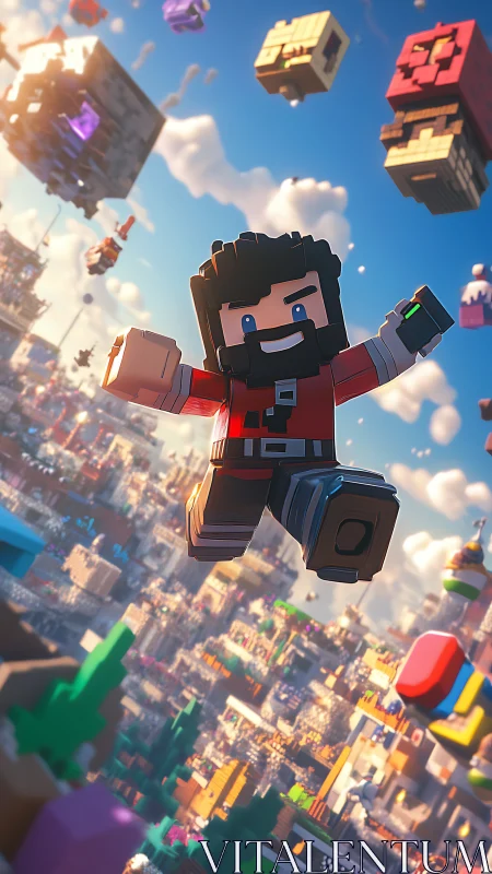 Blocky adventurer leaps through vibrant voxel skyline.