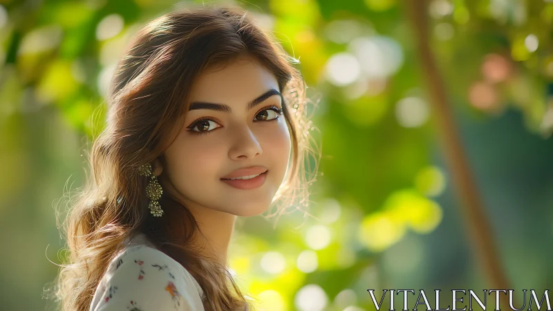 Sunlit portrait of serene woman in softly glowing garden.