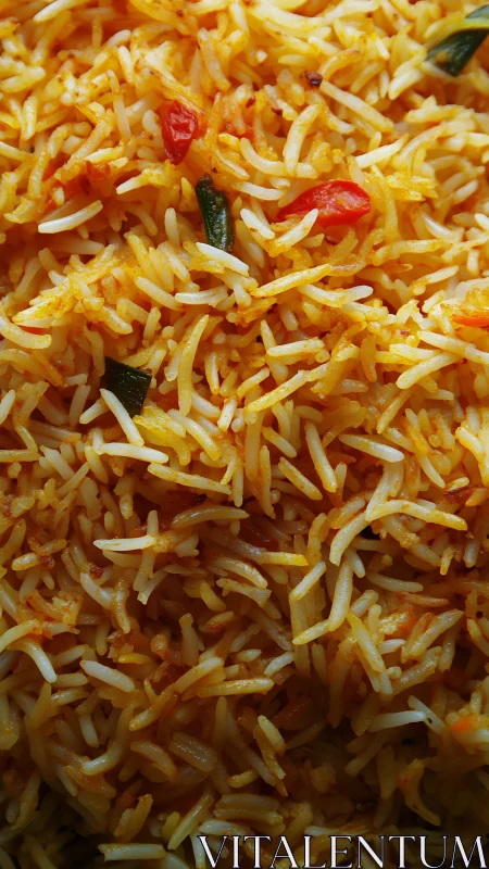 Close-up view of spiced rice with vegetables and herbs.