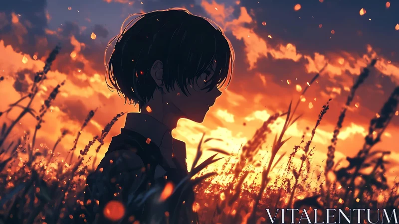 Quiet sunset wanderer in glowing golden wildflower field.