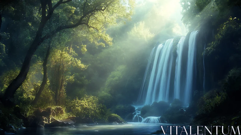 Sunlit Waterfall in Emerald Forest Sanctuary.