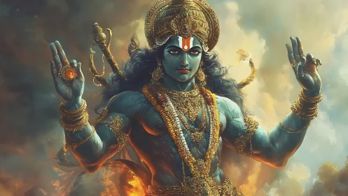 Divine blue deity in ornate regalia, digital painting portrait.