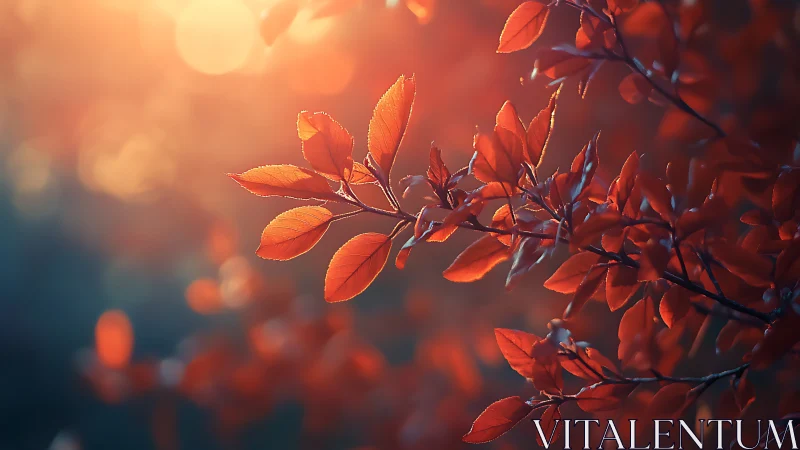 Crimson leaves drift through molten sunset forest glow.