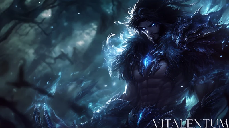 Dark warrior channels icy magic in a haunted forest realm