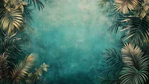 Symmetrical tropical foliage frame encircles textured teal backdrop