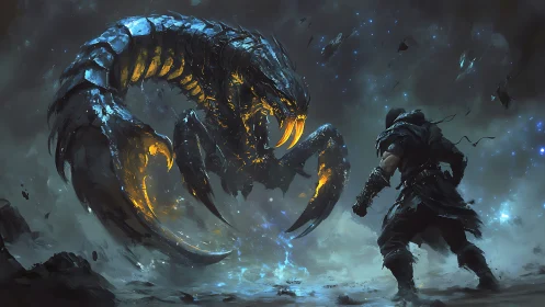 Armored warrior confronting bioluminescent cosmic leviathan.
