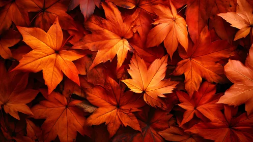Maple leaves form dense fiery orange autumn mosaic