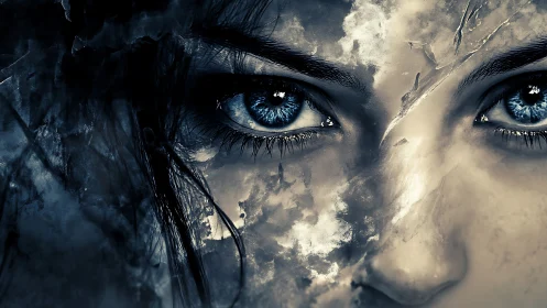 Icy blue eyes emerge from fractured monochrome visage