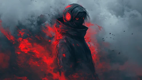 Hooded cyberpunk figure with red aura in stormy haze.