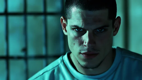 Intense young man in teal light before barred window.