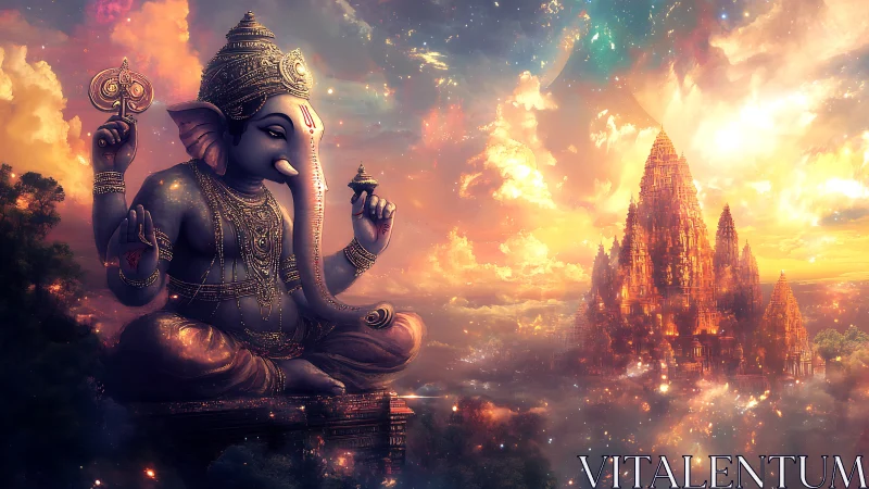 Celestial elephant deity guards a glowing skyborne temple.