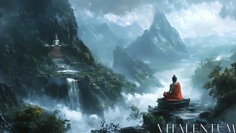 Meditative monk overlooking mist-shrouded mountain temple valley