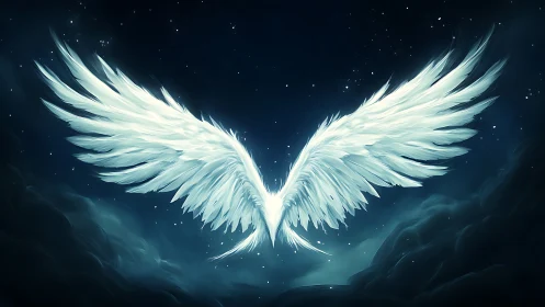 Glowing white angel wings spread wide in a night sky.