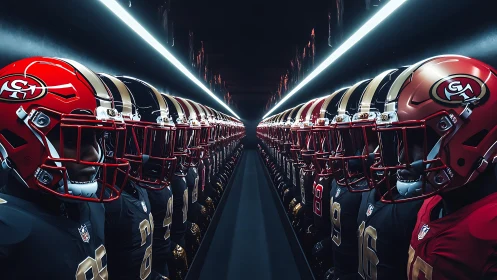 Symmetrical corridor lineup of opposing gridiron helmet rows.