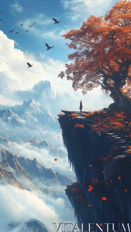 Solitary figure on cliff edge under vivid autumn tree.