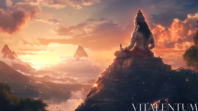 Mountain-top deity silhouette at sunset above cloud valley