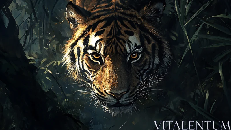 Tiger head emerging from dense forest vegetation at night.