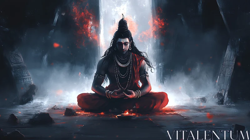 Fire-veiled ascetic in stormlit trance of molten stillness.