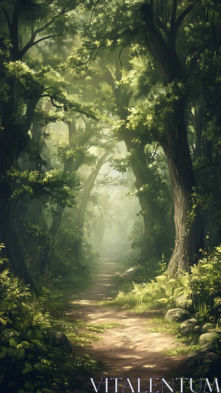 Luminescent Forest Corridor with Dappled Canopy Illumination.